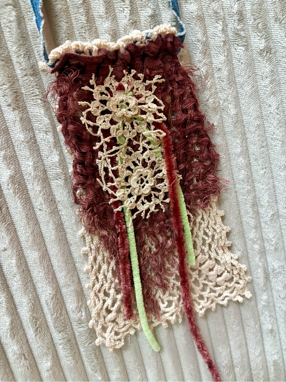 Boho Crochet Fringe Jabot in Burgundy and Cream
